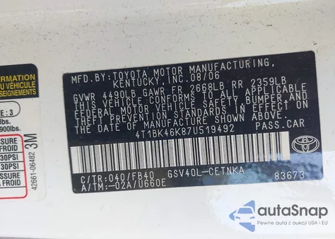 2007 Toyota Camry Le V6 z USA, uszkodzony, nr VIN 4T1BK46K87U519492